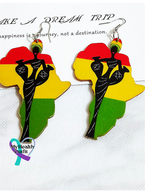 Africa Map Traditional Women Wooden Earrings Multicolor / One Size Reggae