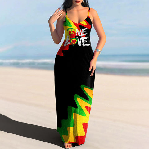 African Color Landscape Love Suspenders Maxi Dress Black / S Reggae