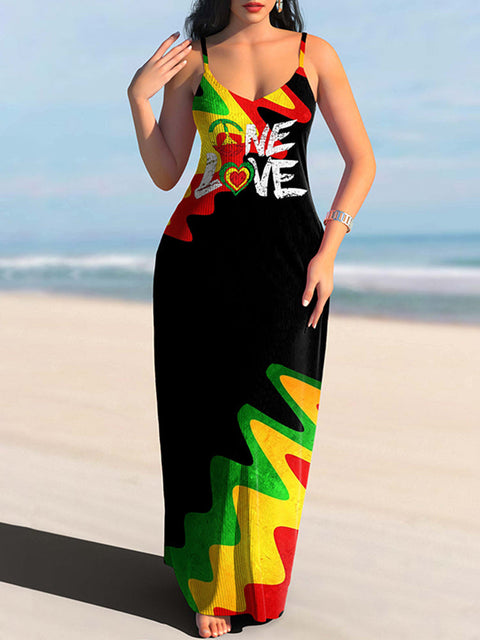 African Color Landscape Love Suspenders Maxi Dress Reggae