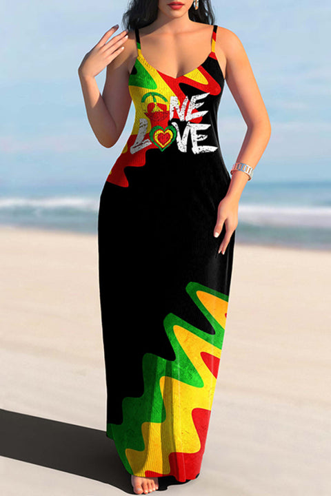 African Color Landscape Love Suspenders Maxi Dress Reggae