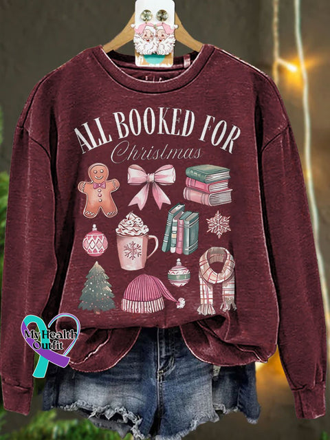 All Booked For Christmas Casual Print Sweatshirt Maroon / S