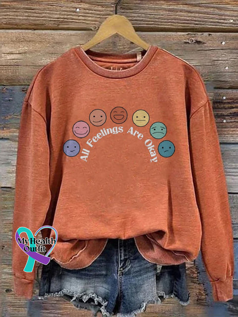 All Feelings Are Okay Mental Health Awareness Pattern Print Casual Sweatshirt Orange / S
