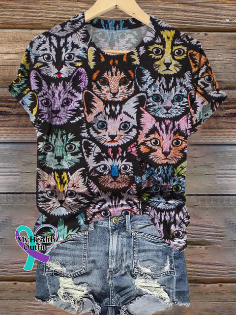 All-over Print Cat Print Casual Crew Neck Short Sleeve T-Shirt Multicolor / S