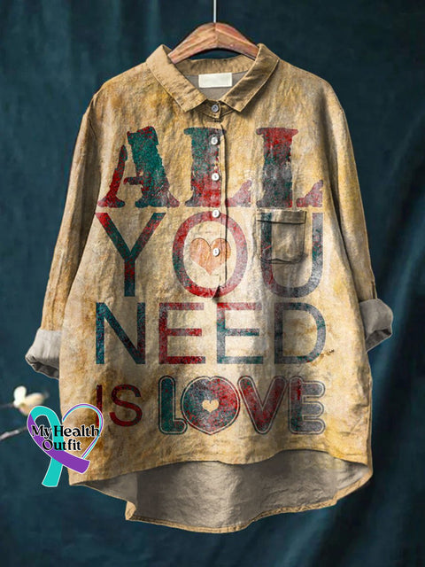All You Need Is Love Art Print Casual Cotton And Linen Shirt Multicolor / S