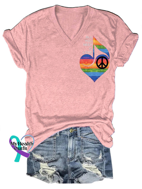 All You Need Is Love Peace Print V-Neck Casual Short Sleeve T-Shirt Pink / S