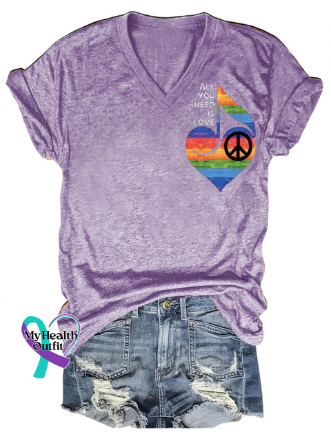 All You Need Is Love Peace Print V-Neck Casual Short Sleeve T-Shirt Purple / S