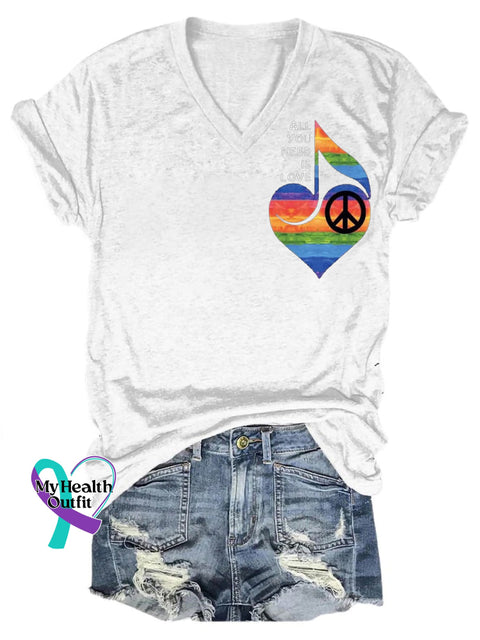 All You Need Is Love Peace Print V-Neck Casual Short Sleeve T-Shirt White / S