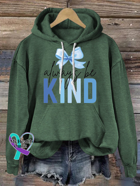 Always Be Kind Bow Print Casual Hoodie Green / S