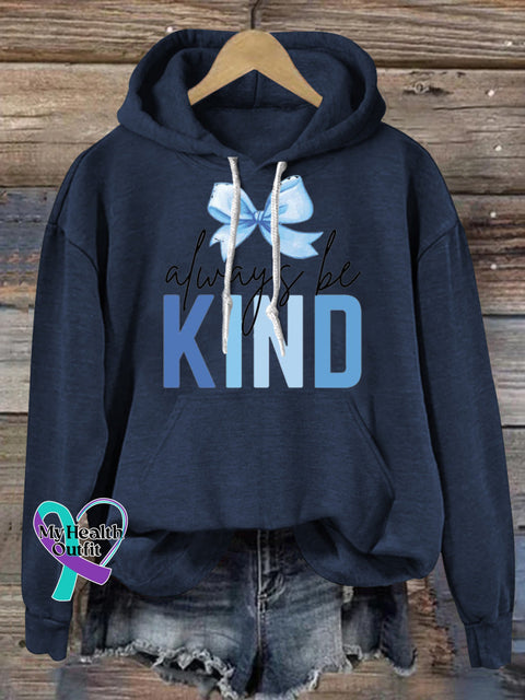 Always Be Kind Bow Print Casual Hoodie NavyBlue、 / S