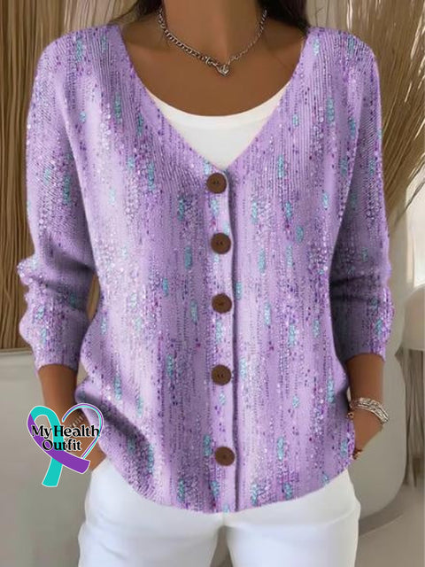 Alzheimer Awareness Flora Art Print Buttoned V neck Cardigan Sweater Multicolor / S