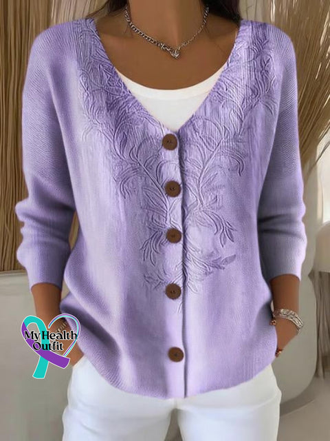 Alzheimer Awareness Flora Art Print Buttoned V neck Cardigan Sweater Multicolor / S