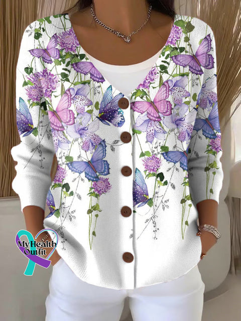 Alzheimer Awareness Flora Art Print Buttoned V neck Cardigan Sweater Multicolor / S