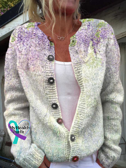 Alzheimer Awareness Flowers Art Print Buttoned Cardigan Sweater Multicolor / S