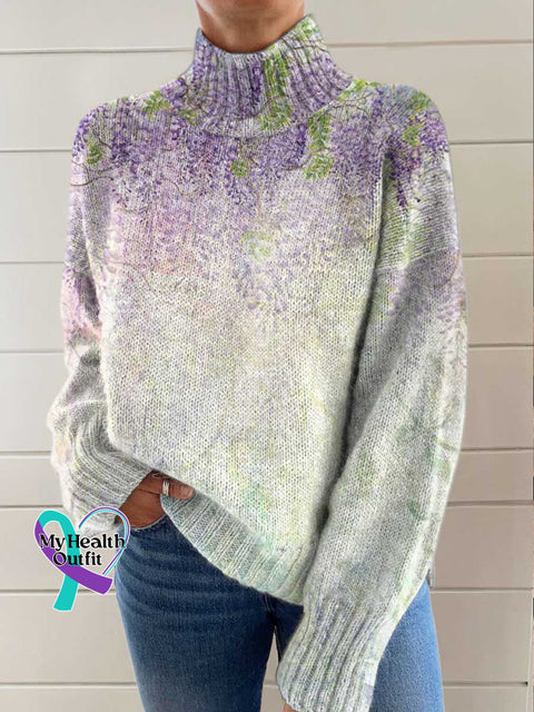 Alzheimer Awareness Flowers Art Print Knit Turtleneck Pullover Sweater Multicolor / S