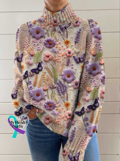 Alzheimer Awareness Flowers Art Print Knit Turtleneck Pullover Sweater Multicolor / S