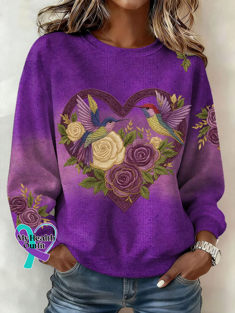 Alzheimer’s Awareness Floral Bird Print Casual Sweatshirt Multicolor / S