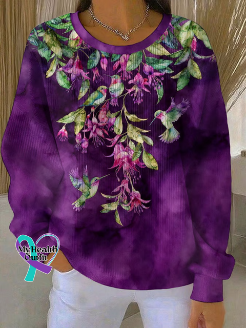 Alzheimer’s Awareness Floral Bird Print Casual Sweatshirt Multicolor / S