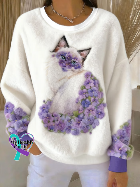 Alzheimer’s Awareness Floral Cat Plush Sweatshirt Multicolor / S