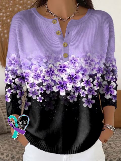 Alzheimer’s Awareness Floral Print Buttoned Cardigan Sweater Multicolor / S