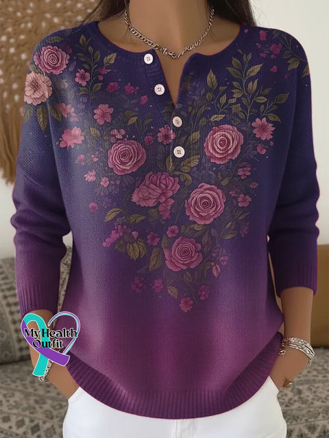 Alzheimer’s Awareness Floral Print Buttoned Cardigan Sweater Multicolor / S