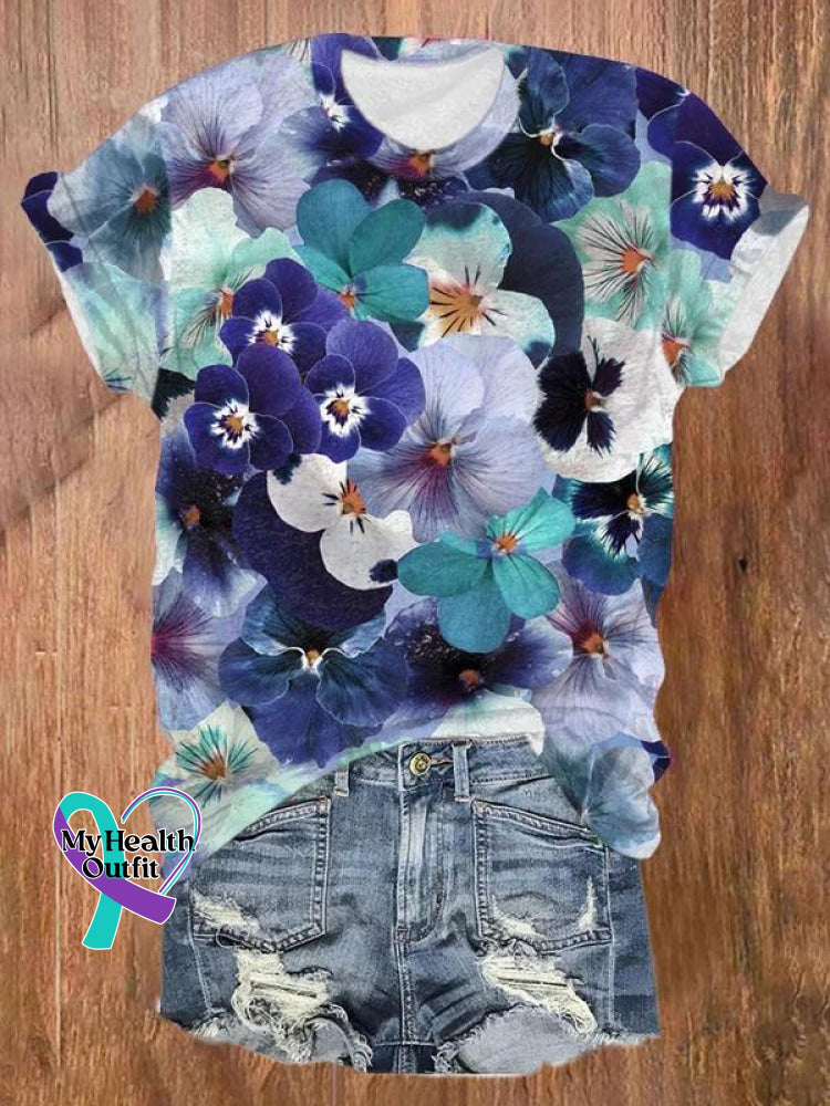 Alzheimer’s Awareness Iris Floral Printed Casual T-Shirt Multicolor-Blue / S