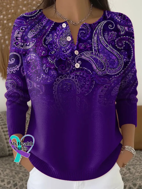 Alzheimer’s Awareness Paisley Print Buttoned Cardigan Sweater Multicolor / S