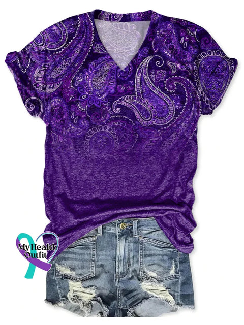 Alzheimer’s Awareness Paisley V-neck Casual T-Shirt Multicolor / S