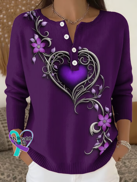 Alzheimer’s Awareness Purple Floral Art Print Buttoned Cardigan Sweater Multicolor / S