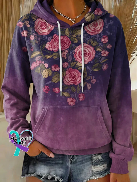 Alzheimer’s Awareness Purple Floral Print Casual Hoodie Sweatshirt Multicolor / S