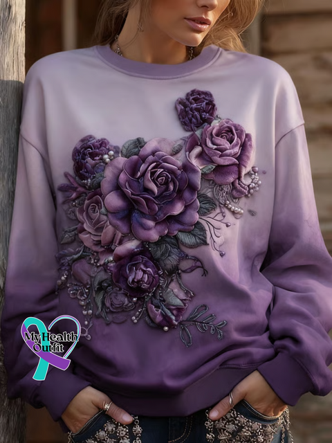 Alzheimer’s Awareness Purple Floral Print Casual Sweatshirt Multicolor / S