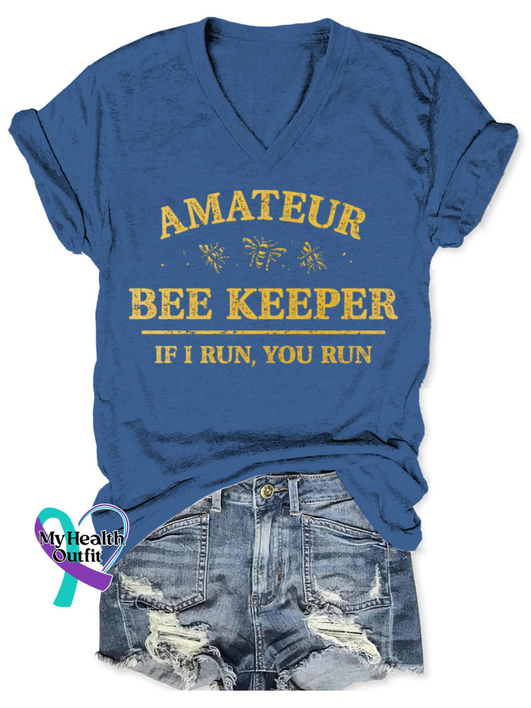 Amateur Bee Keeper Art V-neck Casual T-Shirt Blue / S