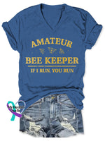 Amateur Bee Keeper Art V-neck Casual T-Shirt Blue / S