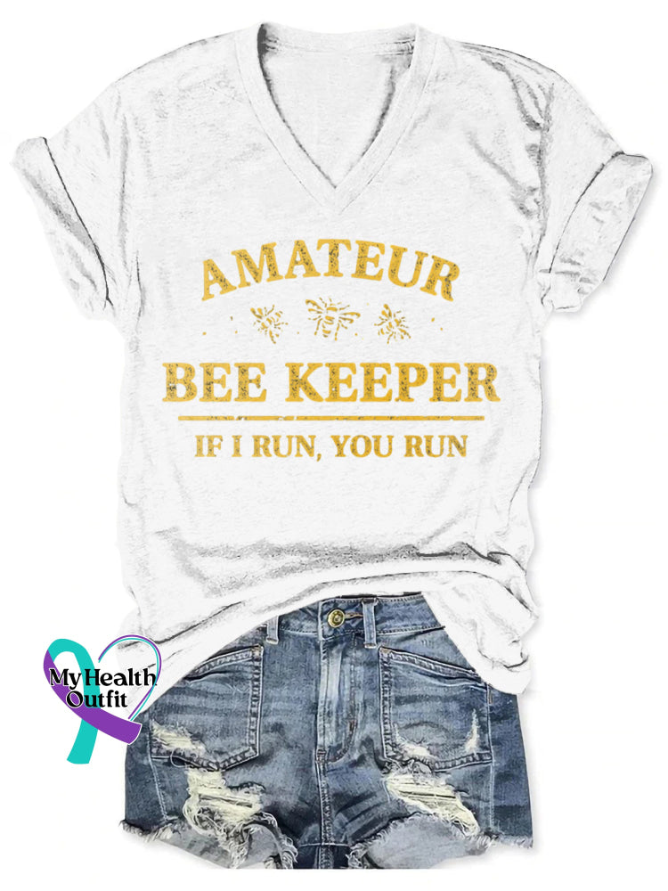 Amateur Bee Keeper Art V-neck Casual T-Shirt White / S