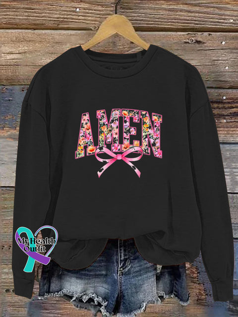AMEN Bow Print Casual Crew Neck Sweatshirt Black / S