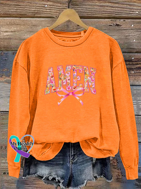 AMEN Bow Print Casual Crew Neck Sweatshirt Orange / S