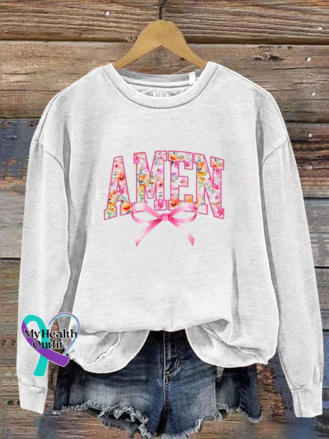 AMEN Bow Print Casual Crew Neck Sweatshirt White / S