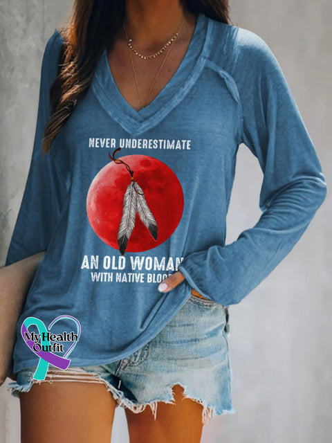 An Old Woman With Nation Blood Art Long Sleeve Tops Blue / S