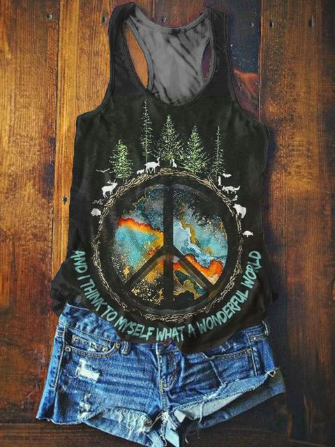 And I Think To Myself What A Wonderful World Peace Print Tank Top Black / S