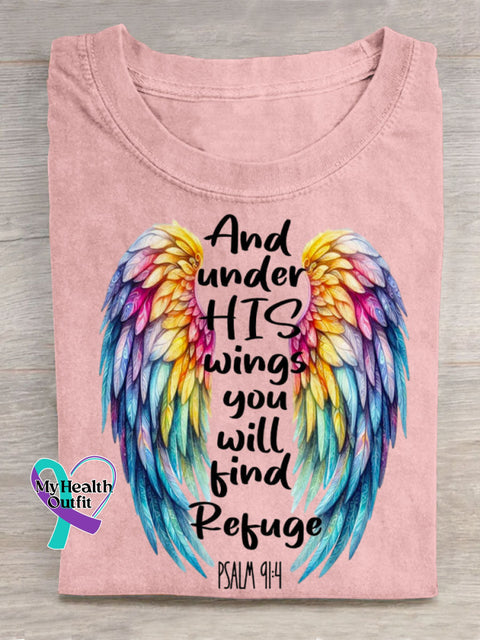 And Under His Wings You Will Find Refuge Art Print Casual Cotton T-shirt Pink / S