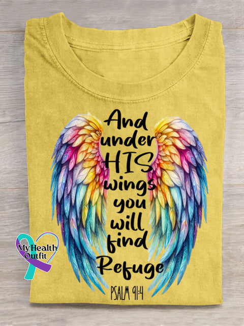 And Under His Wings You Will Find Refuge Art Print Casual Cotton T-shirt Yellow / S