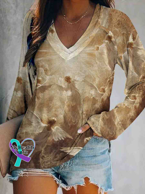 Angel Art Casual V Neck Tops Multicolor / S