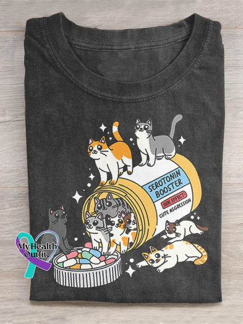 Antidepressant Cat Art Print Casual T-Shirt Multicolor / S