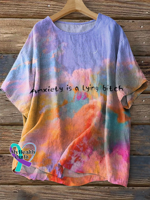 Anxiety Is A Lying Bitch Cloud Print Casual Cotton Linen Shirt Multicolor / S