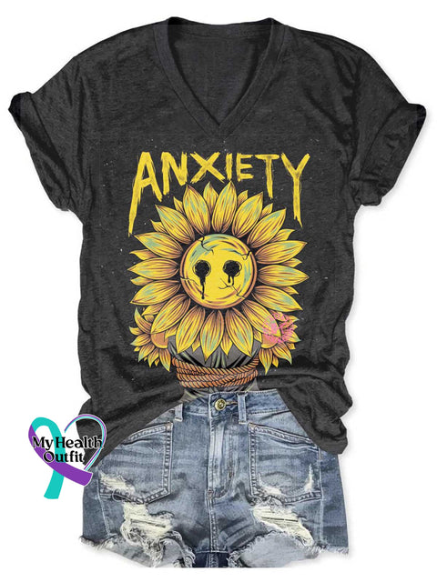 Anxiety Sunflower Art Print V-neck Casual T-Shirt Black / S