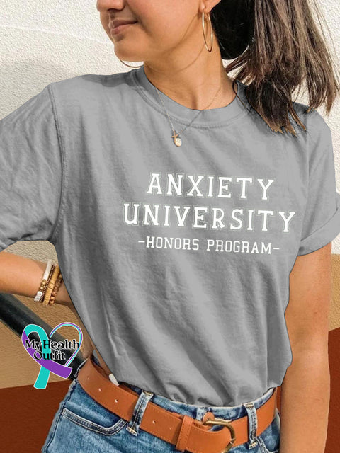 Anxiety University Honors Progam Mental Health Matters Printed Casual Round Neck Short Sleeve T-Shirt Grey / S