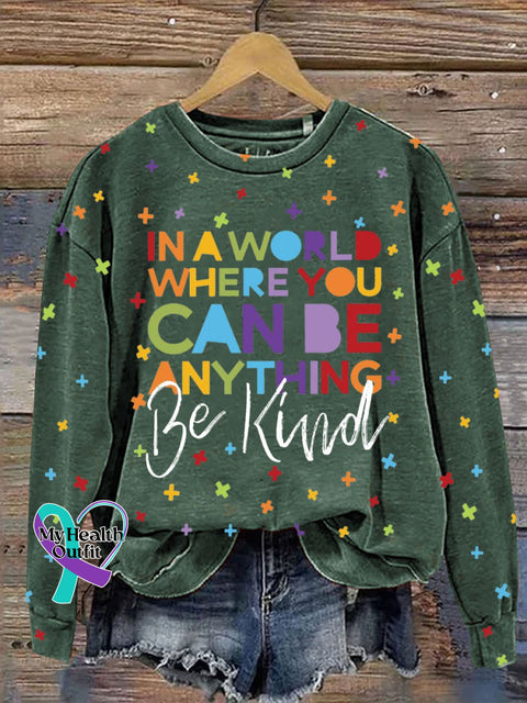 Anything Be Kind Print Casual Sweatshirt Green / S