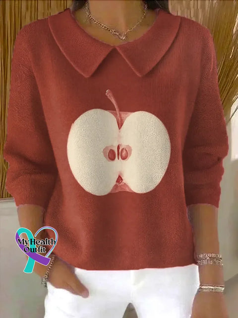 Apple Art Print Casual Peter Pan Collar 3/4 Sleeve Sweat Red / S