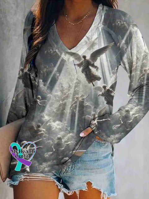 Ascension Angel Art Casual V Neck Tops Multicolor / S