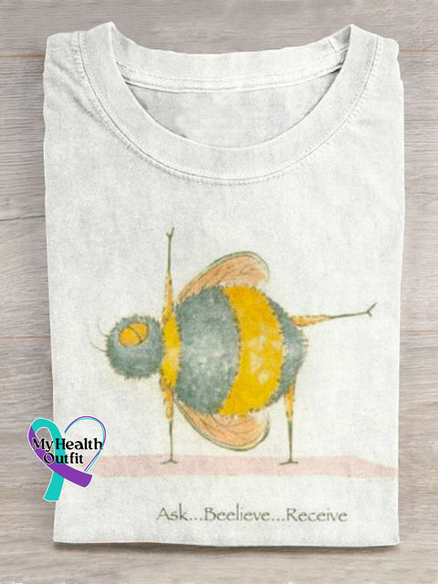 Ask Beelieve Receive Funny Bee Pattern Art Print Casual Cotton T-shirt White / S