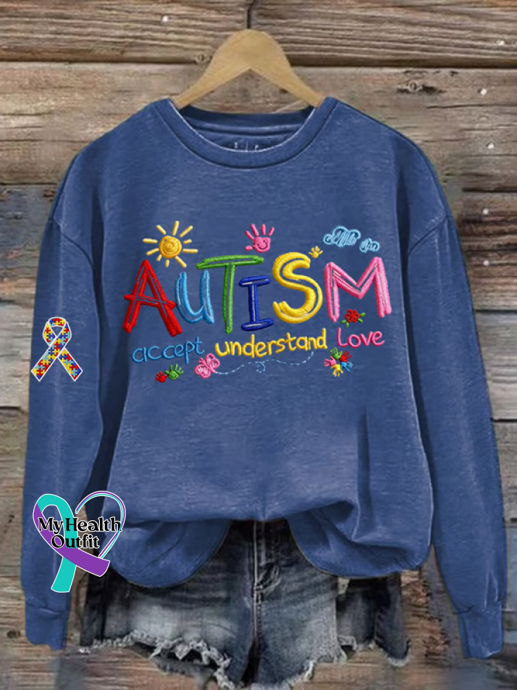 Autism Accept Understand Love Print Casual Sweatshirt Blue / S